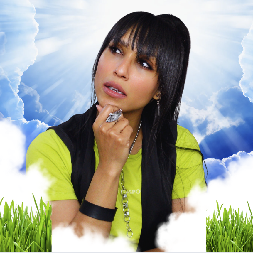 woman surrounded by clouds thinking
